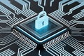 Glowing padlock on a computer chip representing cybersecurity and data protection solutions online Royalty Free Stock Photo