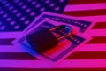 Padlock and social security card on United States flag. Identity theft and identity protection concept Royalty Free Stock Photo