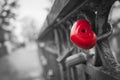 Padlock suspended on a bridge in the shape of a red heart