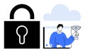Data security concept with padlock and cloud storage, virtual achievement displayed on video call Royalty Free Stock Photo