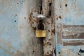 Padlock on vintage door closeup - closed gate