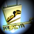 Padlock With Wealth Key Showing Riches Savings 3d Rendering Royalty Free Stock Photo