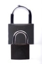 Lock on a white background. Castle close-up. Protection of property. Security of money