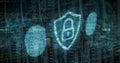 Padlocked shield rotating on data dashboard, with fingerprints and world map, hex grid and streams Royalty Free Stock Photo