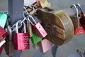 Padlocks on the bridge as a token of love in Frankfurt am Main Royalty Free Stock Photo