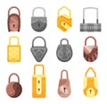 Padlocks collection. Flat padlock icons for protection privacy, web and mobile apps. Cartoon closed locks. Design