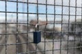 Padlocks hanging on a wire rope. Love locks on netting fence at the brigde in New Wesminster BC Royalty Free Stock Photo