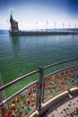 Padlocks in harbor of Konstanz city with a view to lake Constance. Konstanz is a city located in the south-west corner of Germany Royalty Free Stock Photo