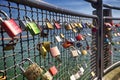 Padlocks in harbor of Konstanz city with a view to lake Constance. Konstanz is a city located in the south-west corner of Germany Royalty Free Stock Photo