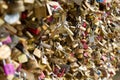 Padlocks known as love locks adorn the Pont des Arts bridge that spans the Seine River in Paris Royalty Free Stock Photo