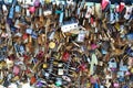 Padlocks locked onto bridge over seine