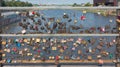 The padlocks in the Lovers Bridge over the Vistula river in Krakow, Poland.