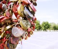 Padlocks with the names of loved ones, selective focus