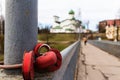 Padlocks on a pedestrian bridge in Pskov, Russia.