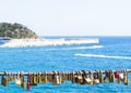 Padlocks on rope, blue sea background Royalty Free Stock Photo