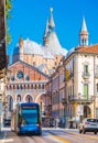 Padova Padua, Italy: The street of Padua with traffic. Modern tram is moving towards the central square Royalty Free Stock Photo