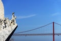 The Padrao dos Descobrimentos and The 25 de Abril Bridge over Tagus river, Lisbon. .