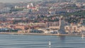 Monument to the Discoveries aerial timelapse located on the northern bank of the Tagus River in Lisbon, Portugal