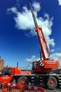 Padstow, Cornwall, April 11th 2018: Orange Terex AC 40/2L extend