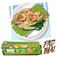 PadThai with ingredients set. Thai food concept. Thai Fried Noodle With Prawn - vector