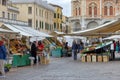 Piazza delle Erbe fresh food stalls in Padua Italy