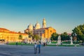 Padua, Italy, September 12, 2019: old men talking, people walking on Prato della Valle square