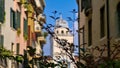 Padua - Tree branch with street view on the astronomical clock tower on Piazza dei Signori in Padua, Veneto, Italy