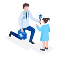 Paediatrician male character hold medical kit, doctor give sweet lollipop to children girl isometric 3d vector