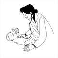 Paediatrician woman with baby, kid doctor, flat minimalistic illustration