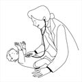 Paediatrician woman with baby, kid doctor, flat minimalistic illustration