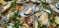 Paella close up, with mussels and rice Royalty Free Stock Photo