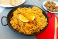 Paella in frying pan Royalty Free Stock Photo