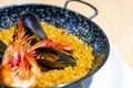 Paella with mariscos, a typical dish of traditional Spanish cuisine based on seafood and rice Royalty Free Stock Photo
