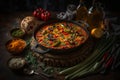 Paella, national spanish dish in frying pan, vegetables ingredients on wooden table.