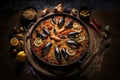 Paella, national Spanish dish with seafood in frying pan on wooden table. Food illustration
