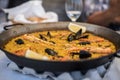 Paella recipe for two in traditional pan, recipe from Mediterranean Royalty Free Stock Photo