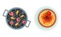 Paella with Seafood and Flan Pudding as Served Spanish Cuisine Dish Above View Vector Set