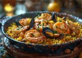 Paella with seafood in paellera traditional spanish dish Royalty Free Stock Photo