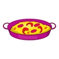 Paella with seafood on pan icon, cartoon style