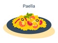 Paella with seafood and rice on a plate. Spanish traditional dish.