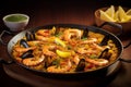 Paella with seafood, traditional spanish dish on dark wooden background