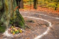 Pagan altar and spiral works outside next to a tree.