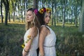 Pagan Girls in the forest by the tree Royalty Free Stock Photo