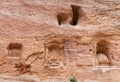 Pagan Nabataean altars carved into the wall of the Al Siq gorge in the Nabatean Kingdom of Petra in the Wadi Musa city in Jordan