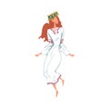 Pagan Ritual Dance, Beautiful Slavic Girl Dancing Wearing Traditional White Dress and Wreath of Flowers Cartoon Style