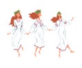 Pagan Ritual Dance, Three Slavic Young Women Dancing Wearing Traditional Dress and Wreath of Flowers Cartoon Style