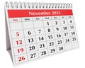 Page of the annual business desk monthly calendar isolated. Date - month November 2023. png