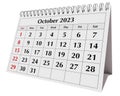 Page of the annual business desk monthly calendar isolated. Date - month October 2023. png