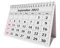 Page of the annual business desk monthly calendar isolated. Date - month September 2023. png