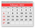 Page of the annual monthly calendar - February 2022 Royalty Free Stock Photo